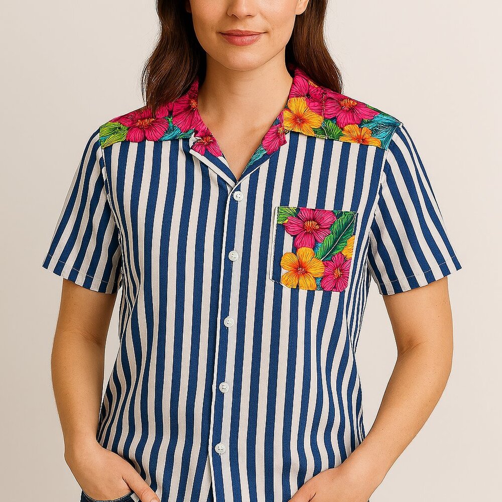 Vintage 90's Cape Cod Floral Stripped Button Up Shirt Woman's Size 14 - Picture 6 of 6